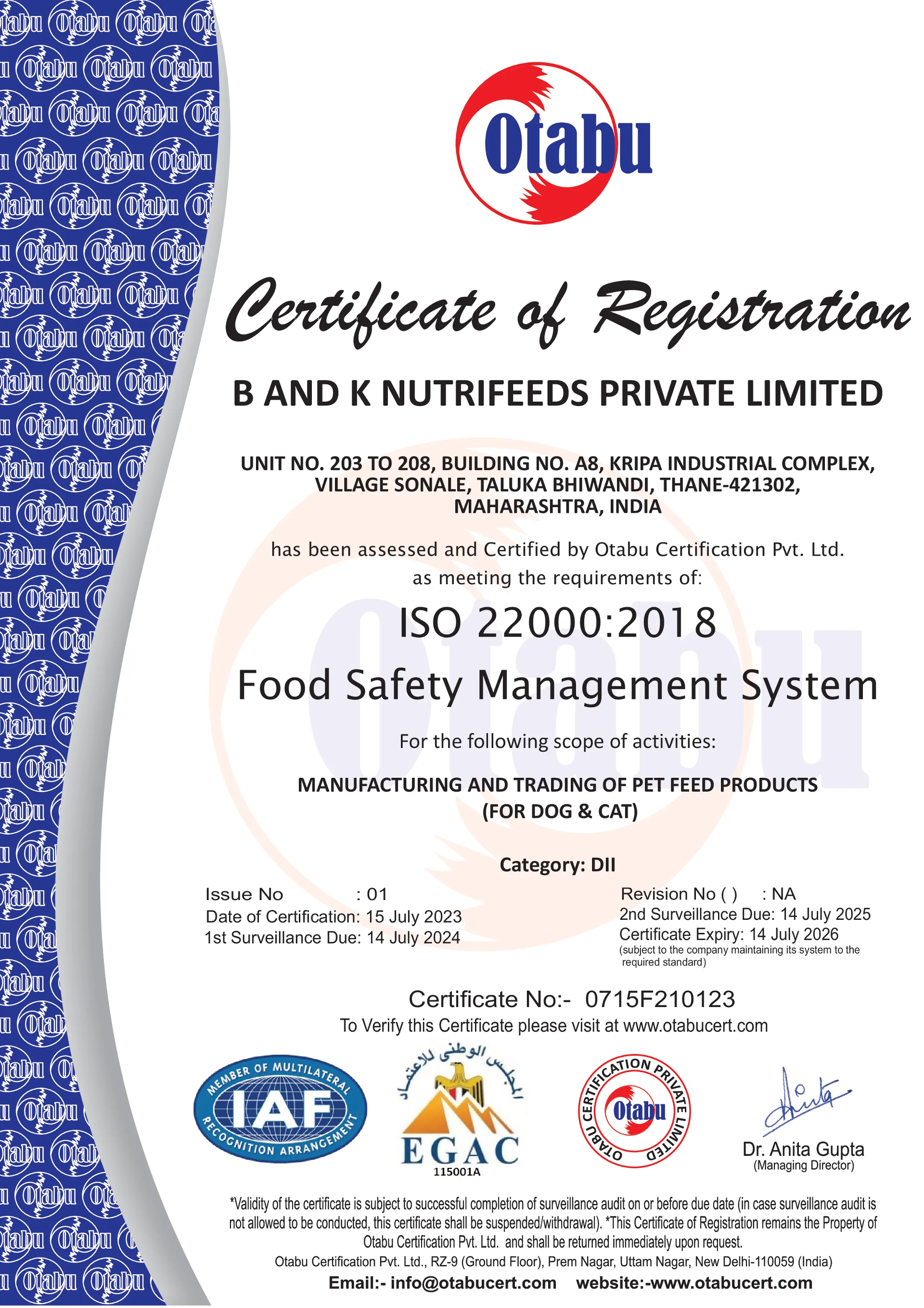 ISO 22000:2018 B AND K NUTRIFEEDS PRIVATE LIMITED